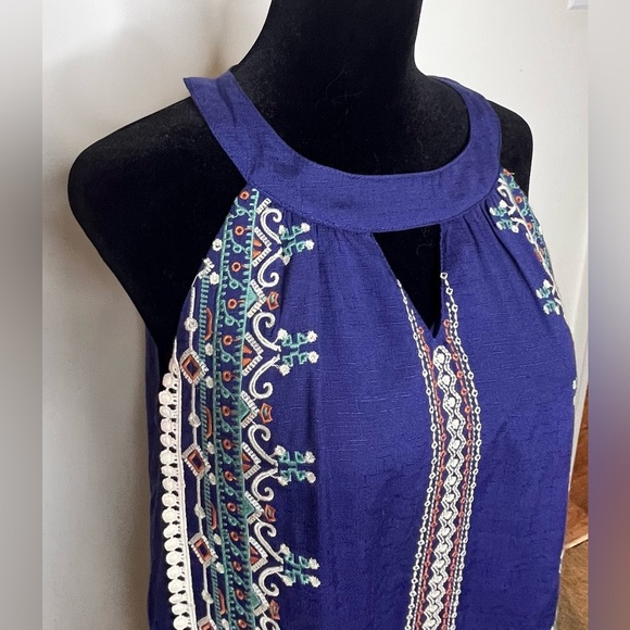 Women's THML Navy Blue Embroidered Halter Shift Dress boho resort wear Small EUC - Picture 7 of 9